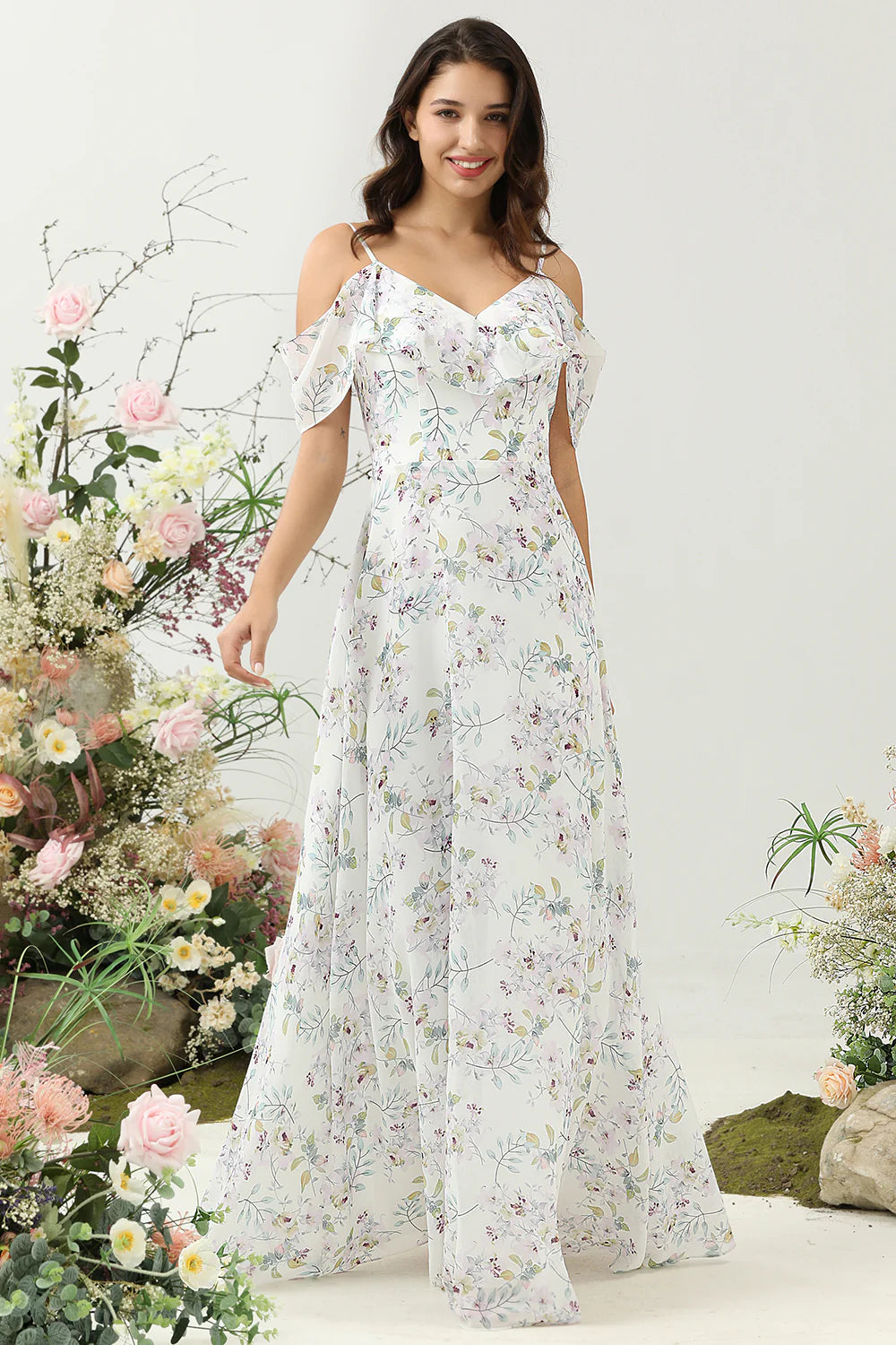 Blue A Line Off the Shoulder Floral Print Long Bridesmaid Dress