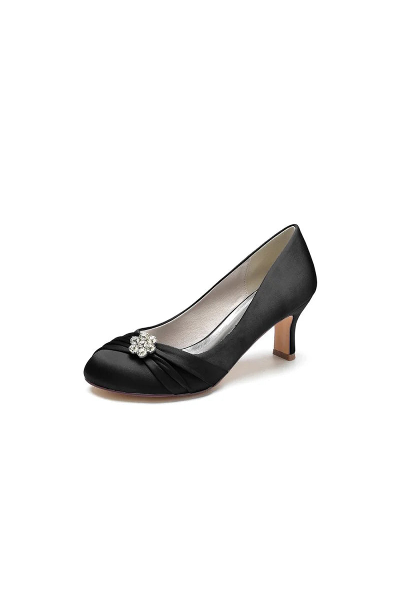 Round Toe Crystal Flower Chunky Heels