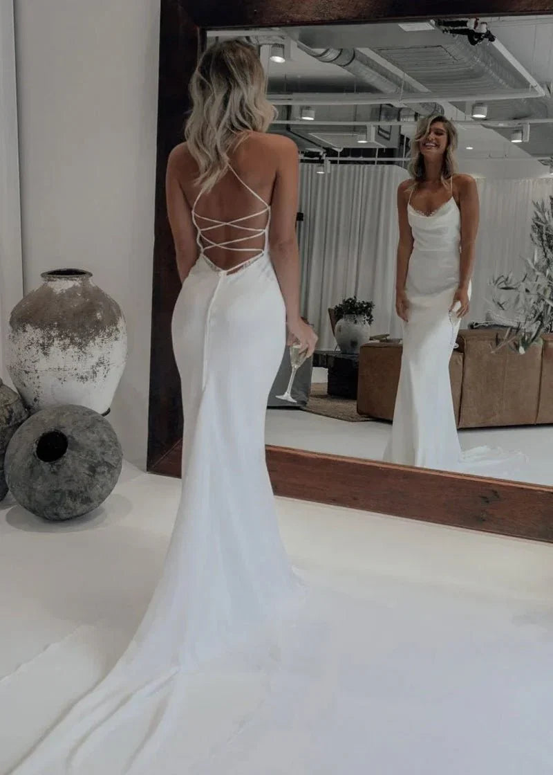 Mermaid Satin White Spaghetti Straps Wedding Dresses With Lace Up Back
