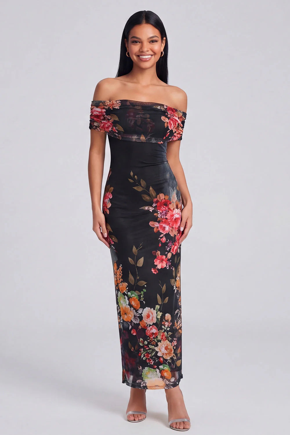 Off the Shoulder Ivory Sheath Floral Wedding Guest Dress