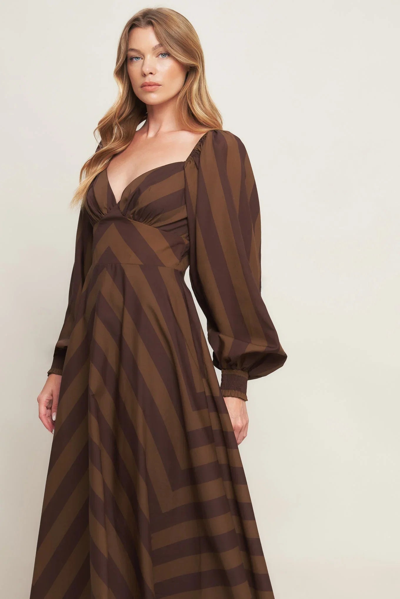 GODDESS BROWN STRIPE LONG SLEEVE MIDI DRESS