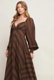 GODDESS BROWN STRIPE LONG SLEEVE MIDI DRESS