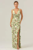 Green Large Floral Sheath V Neck Open Back Bridesmaid Dress with Ruffle Slit