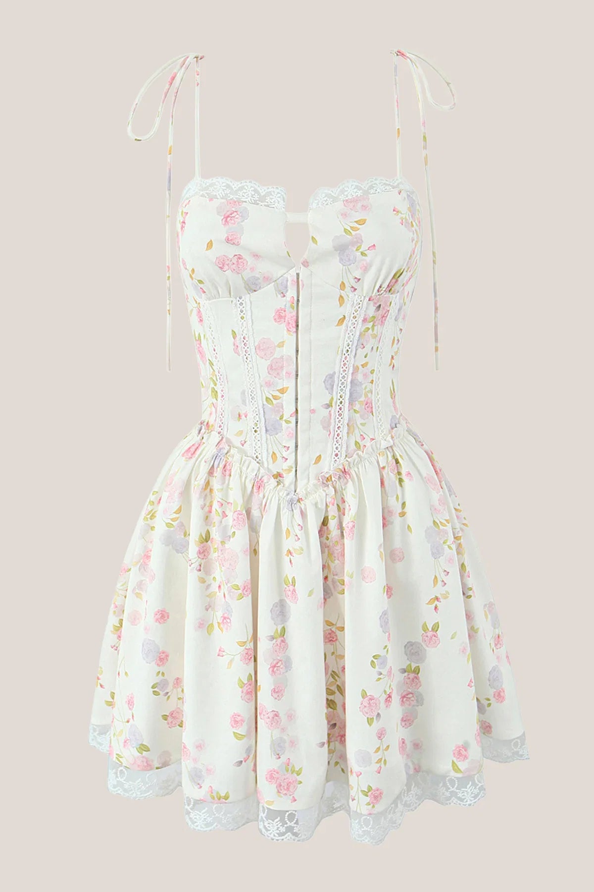White Warm Rose Print Cotton Lace Trim Mini Dress
