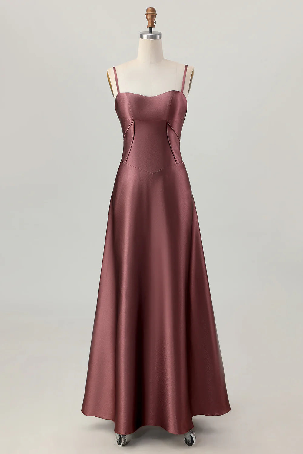 Coffee A Line Spaghetti Straps Long Bridesmaid Dress with Lace Up Back