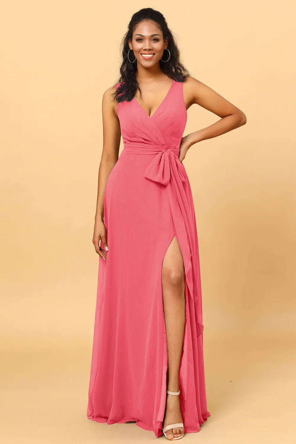 A Line V Neck Sleeveless Long Chiffon Bridesmaid Dress with Slit