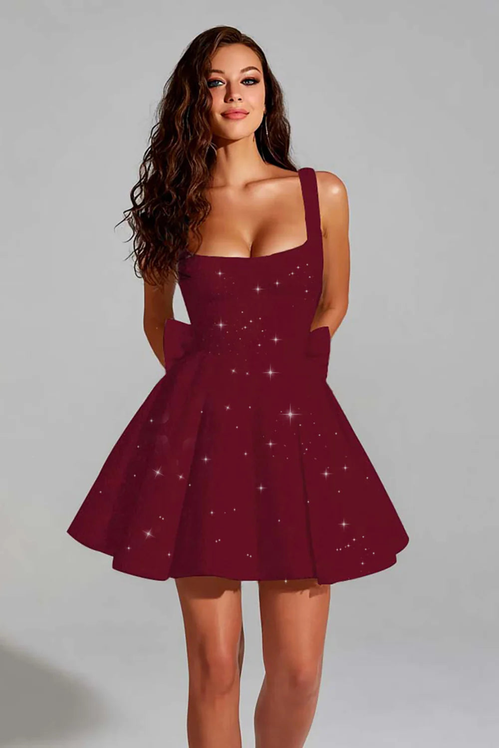 Sparkly Black A Line Square Neck Homecoming Dress with Bow