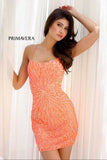 4001 Primavera Scoop Neck Beaded Short Dress with Lace Up Open Back