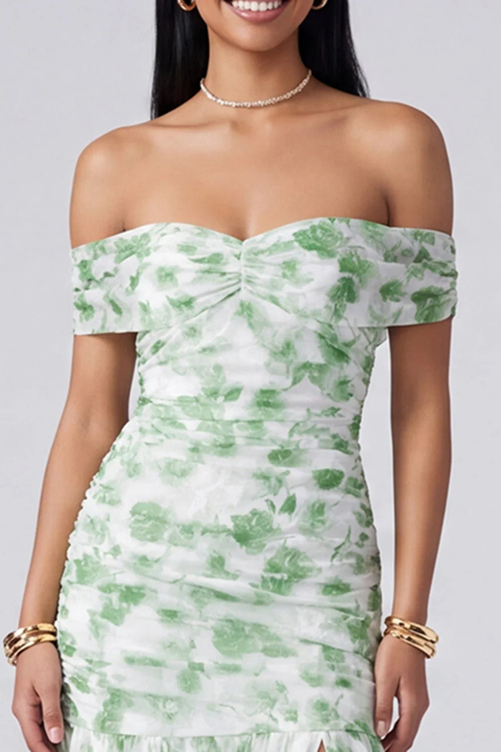 Off the Shoulder Ruched Light Blue Floral Maxi Dress with Slit