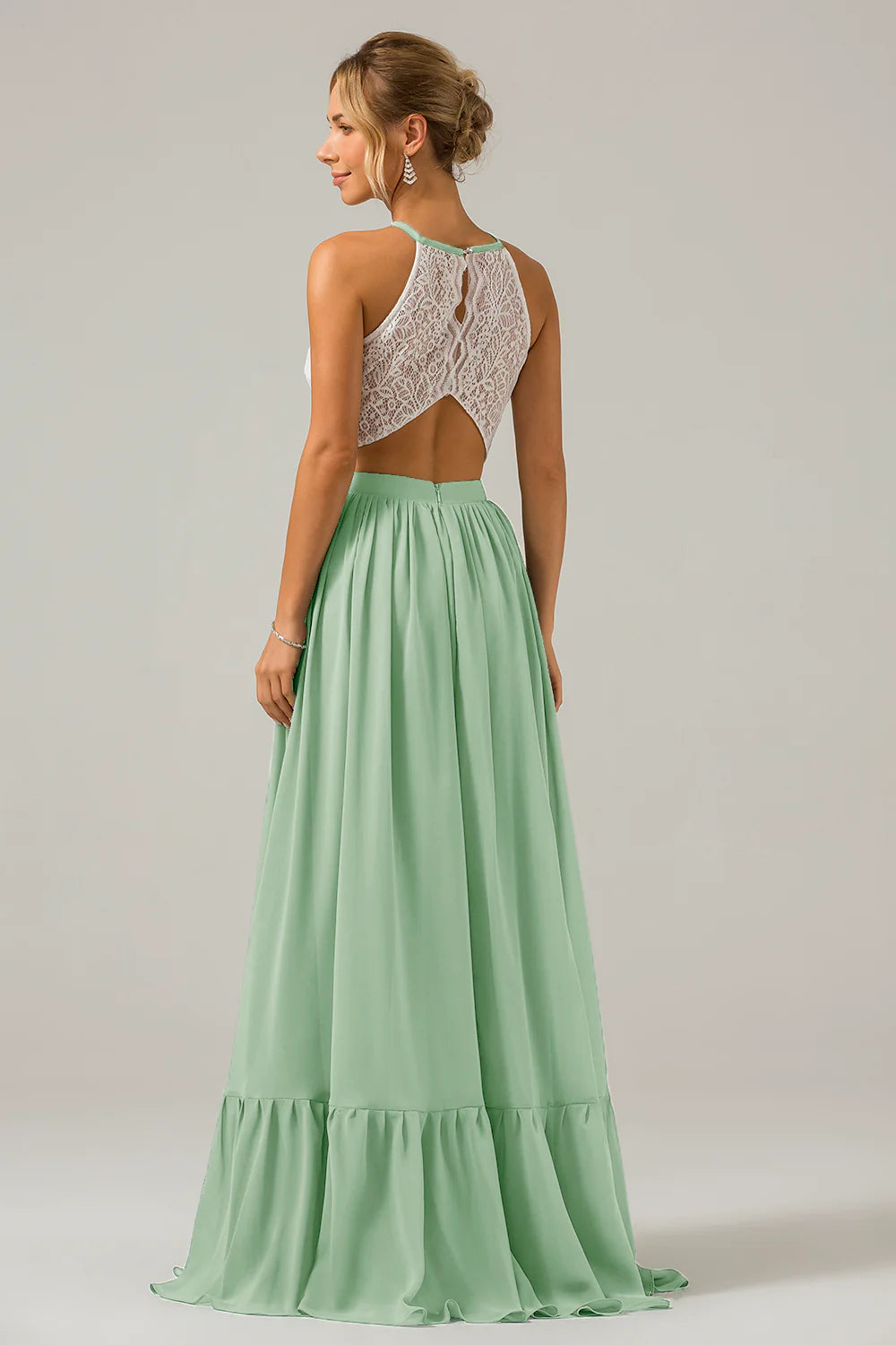 A Line Halter Pleated Keyhole Chiffon Bridesmaid Dress With Lace