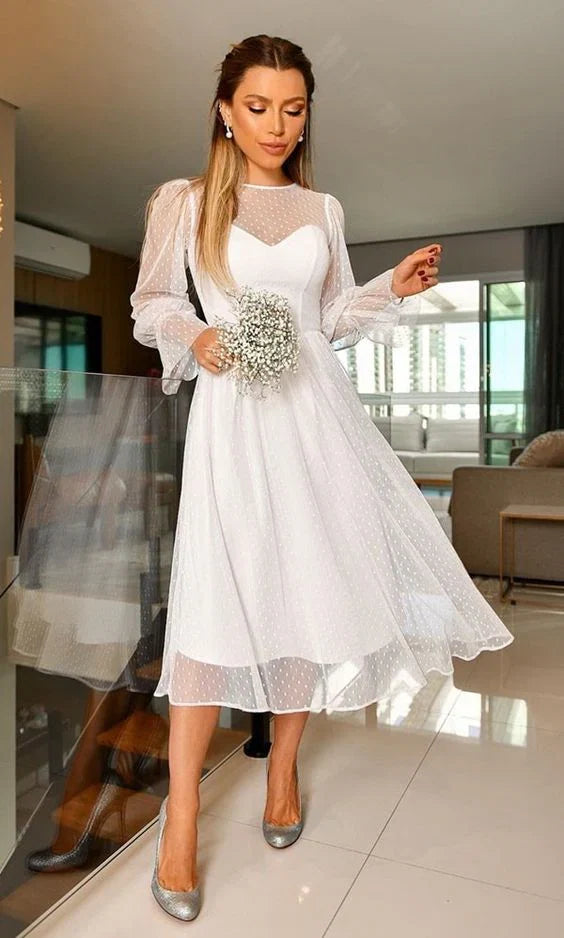 Elegant A Line Long Sleeve Tea Length Wedding Dresses