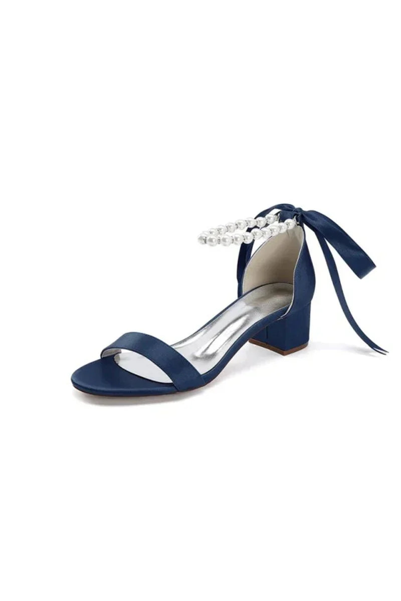 Block Heel Sandal Adorned with Pearl Ankle Band and Ribbon Bow