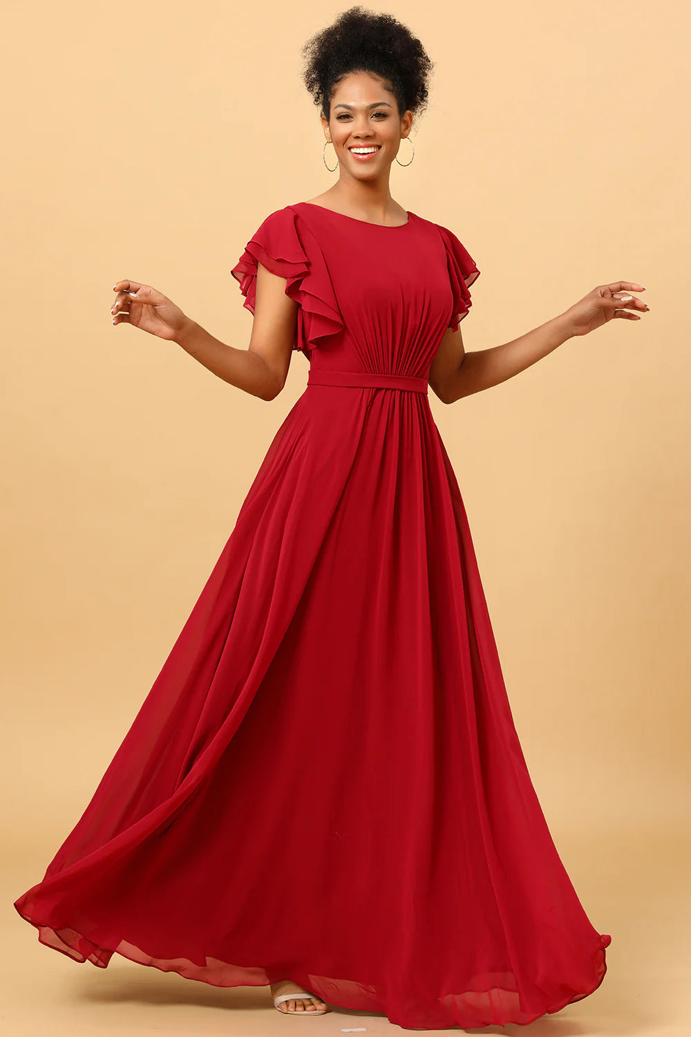 Burgundy Ruched Long Chiffon Bridesmaid Dress with Ruffles