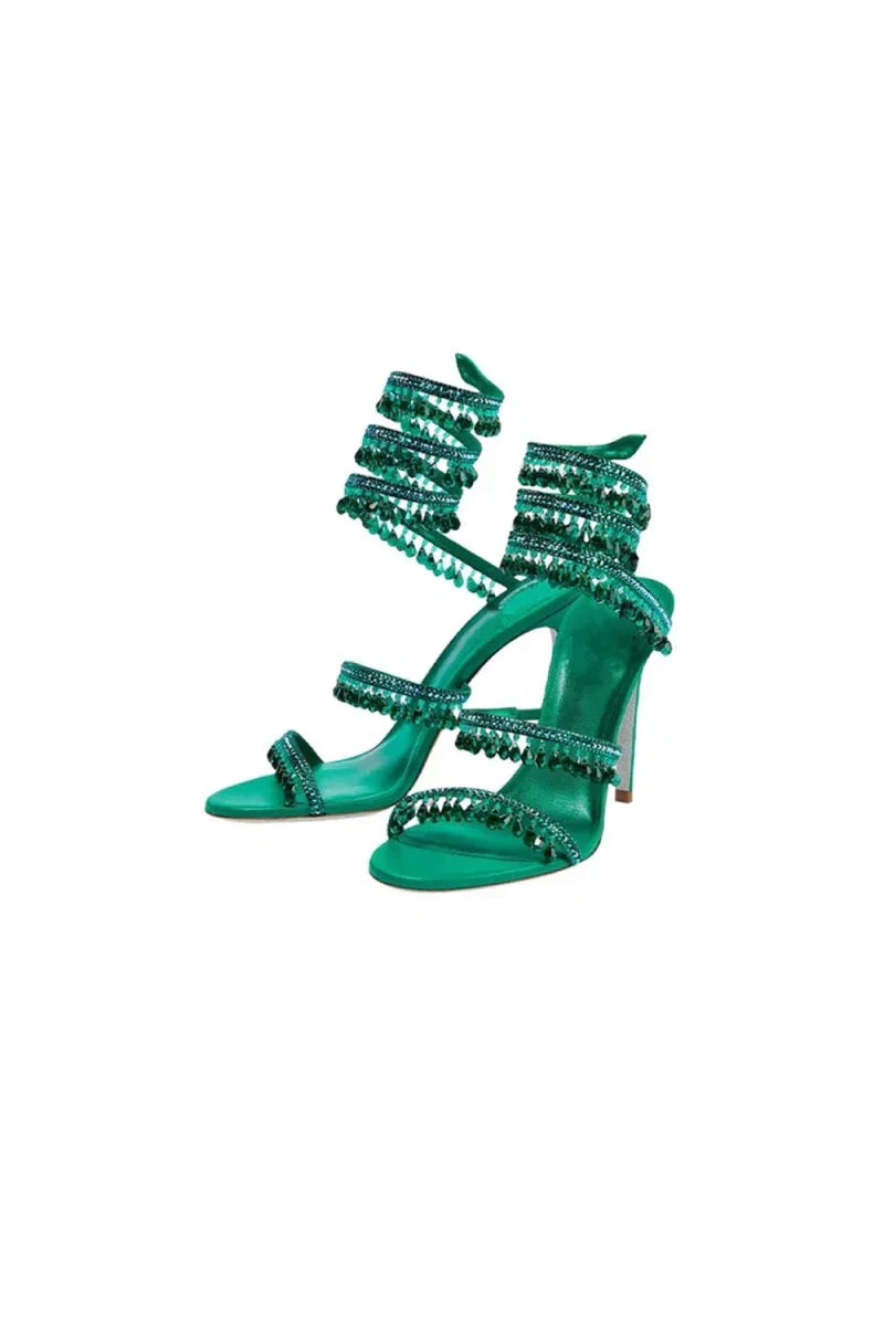 Open Toe Ankle Wrap Beaded Crystal Stiletto Heels