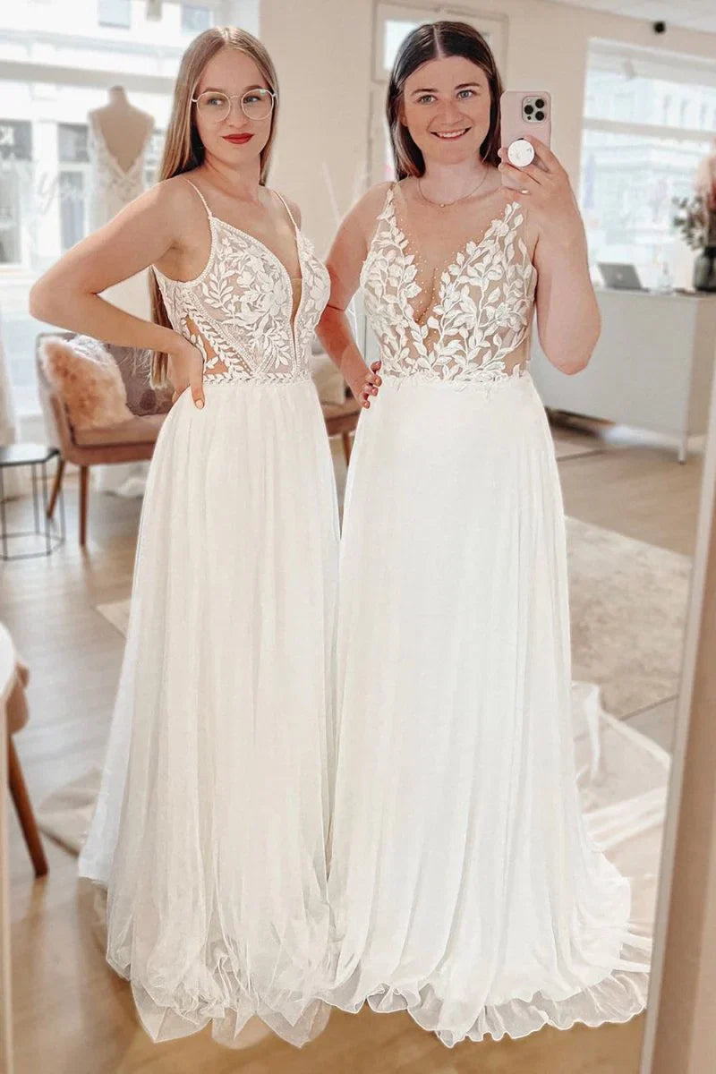 Simple White A Line Boho Long Chiffon Wedding Dress with Lace Appliques