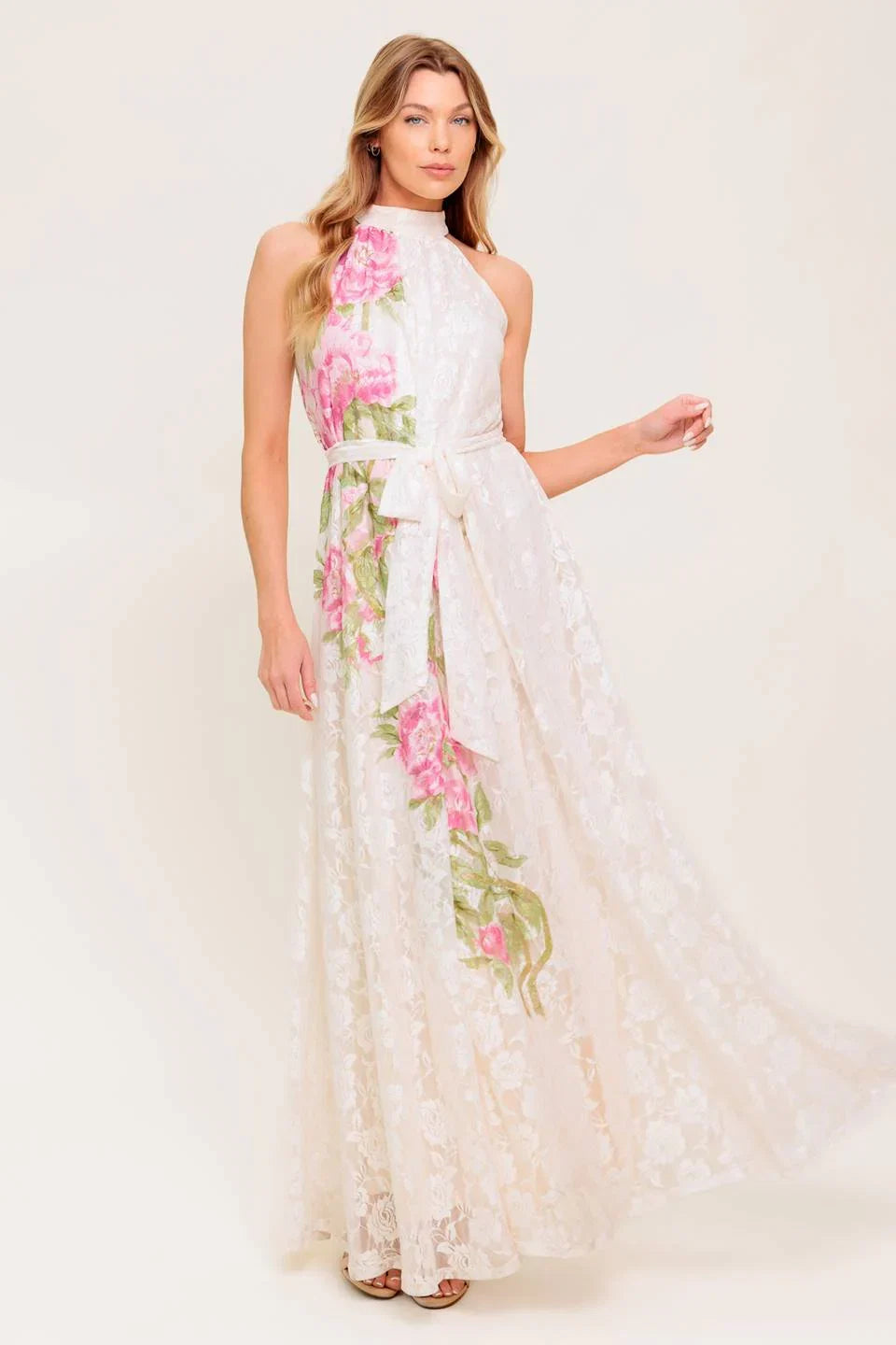 ROSE GARDEN IVORY LACE HALTER MAXI DRESS