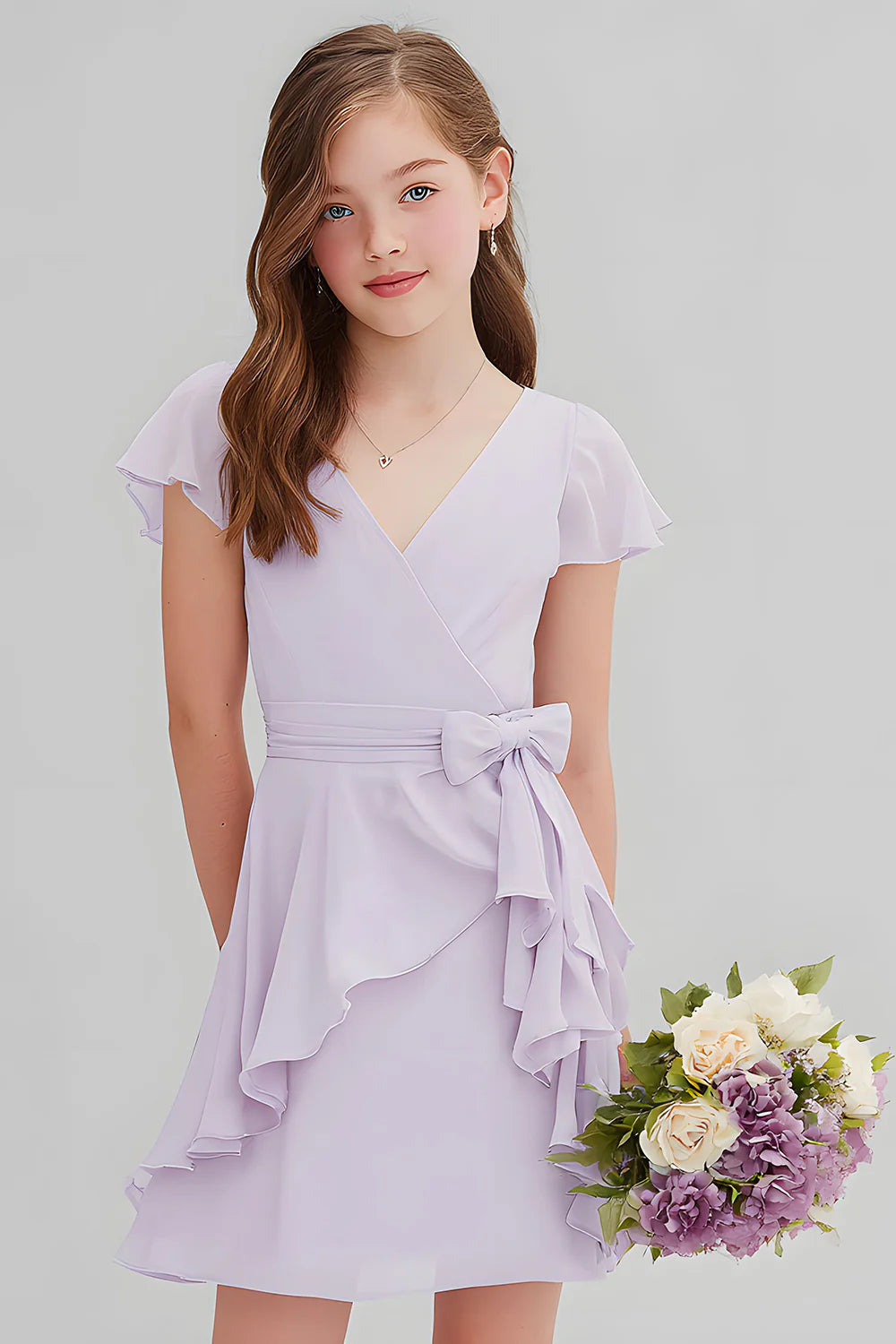 Purple Chiffon A Line Short Junior Bridesmaid Dress with Bow