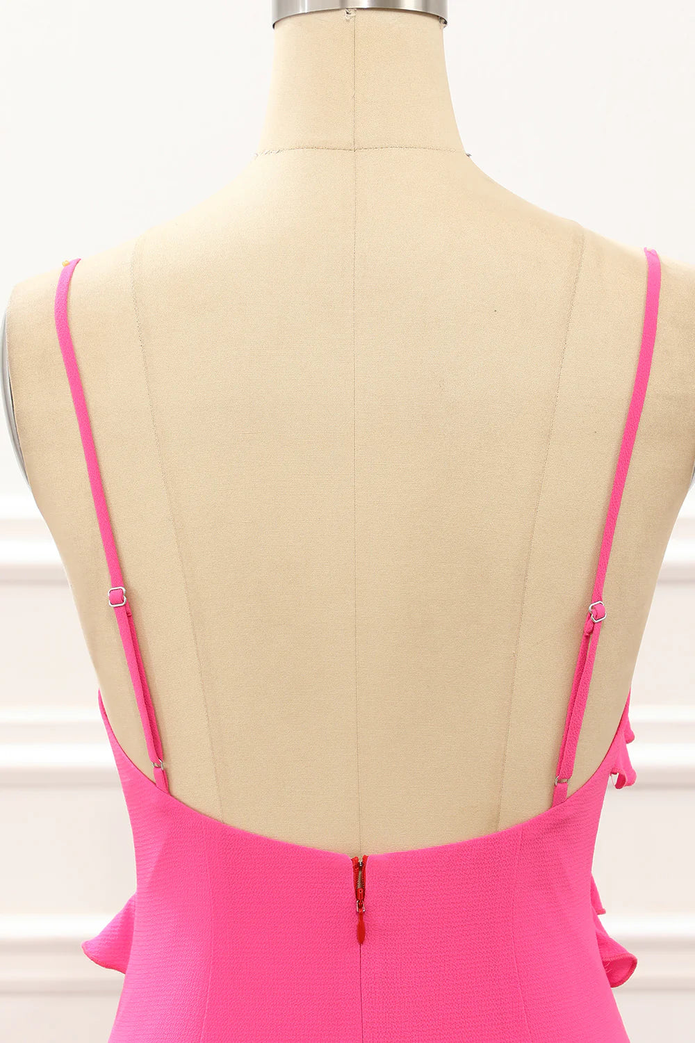 Hot Pink Sheath Spaghetti Straps Maxi Dress with Ruffles Slit