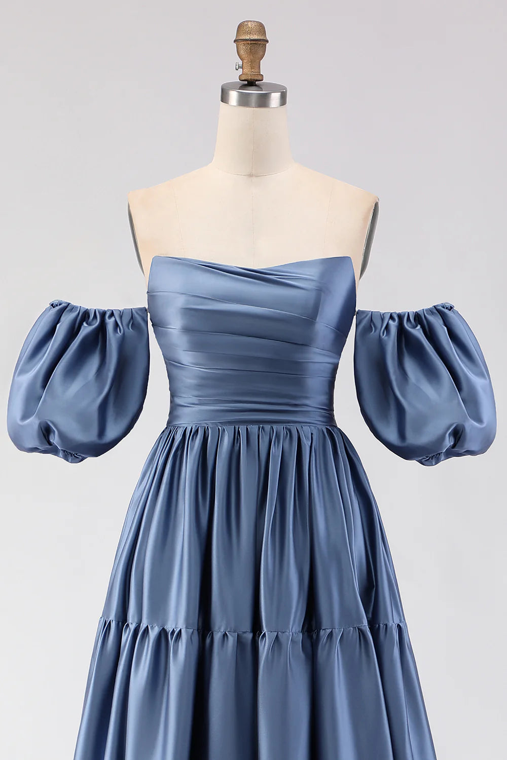 Off the Shoulder A Line Steel Blue Long Prom Dress with Removable Sleeves