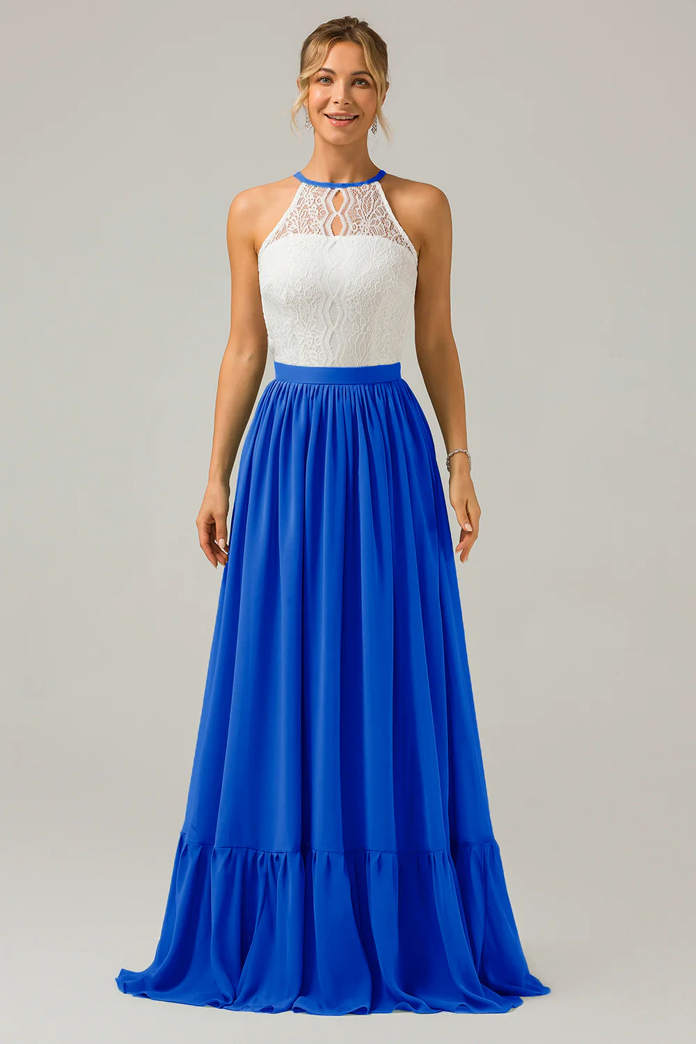 A Line Halter Pleated Keyhole Chiffon Bridesmaid Dress With Lace