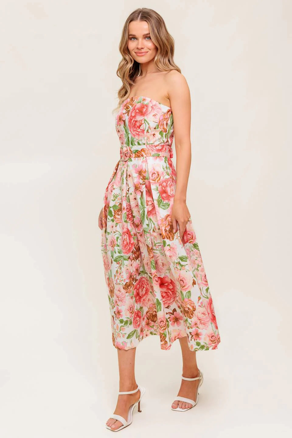 DAWN STRAPLESS MIDI DRESS PINK FLORAL