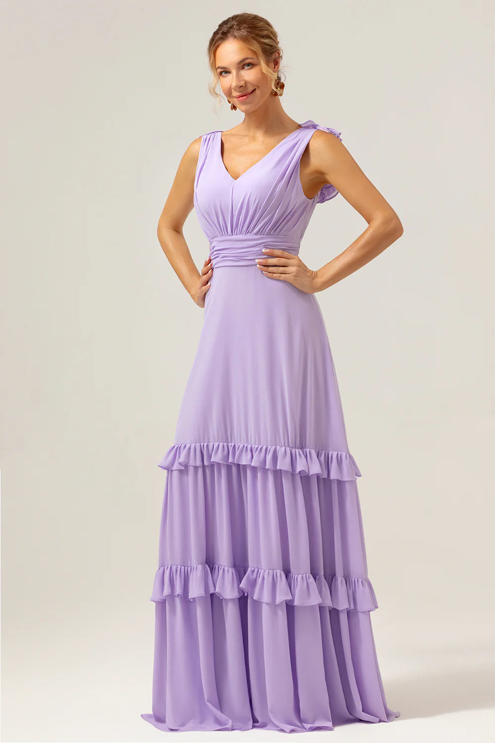 A Line V Neck Ruched Chiffon Long Lilac Bridesmaid Dress with Ruffles