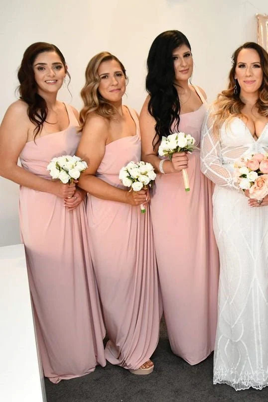 Pink One Shoulder Faux Wrap Satin Long Bridesmaid Dress