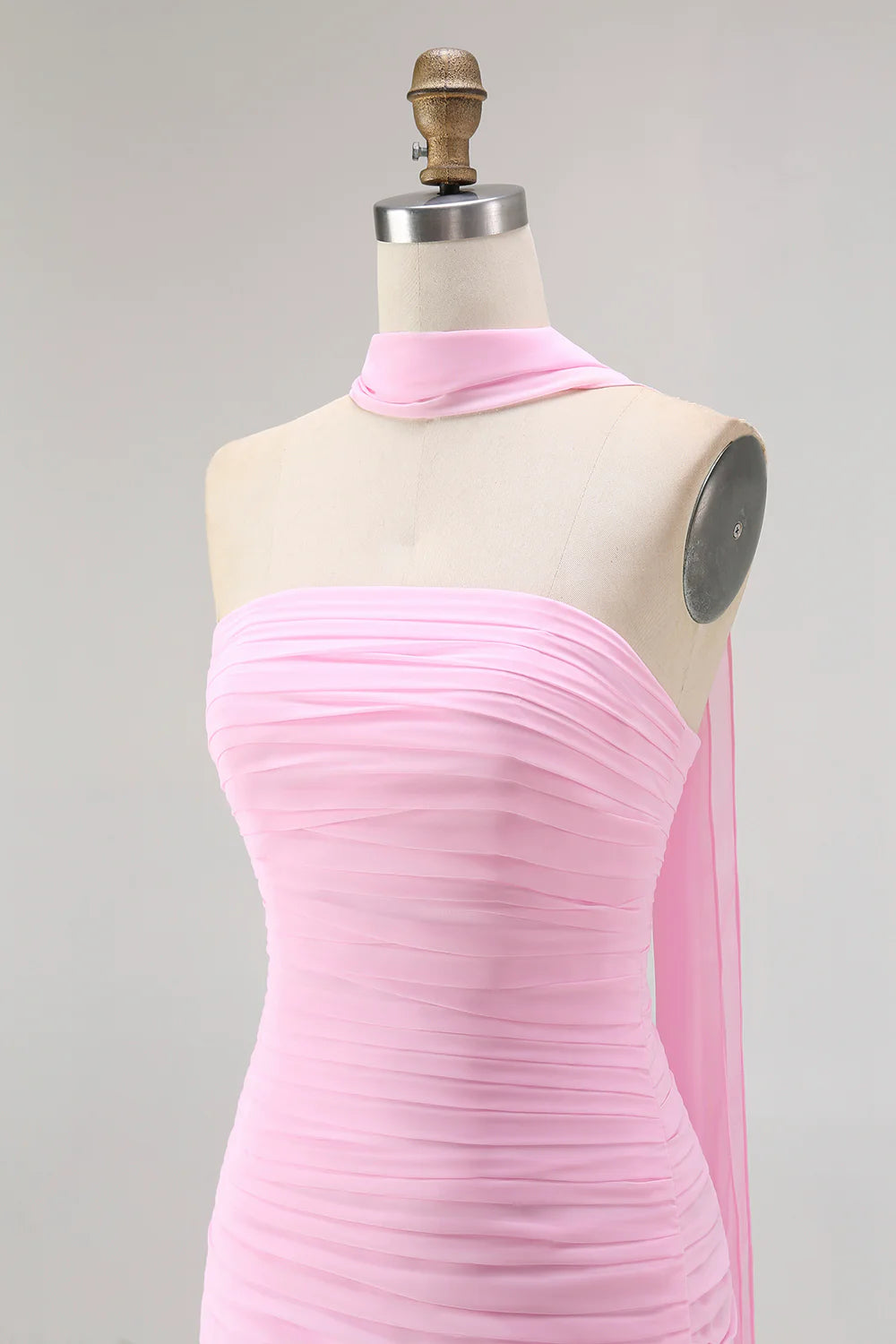 Pink Strapless Ruched Mermaid Long Bridesmaid Dress with Slit