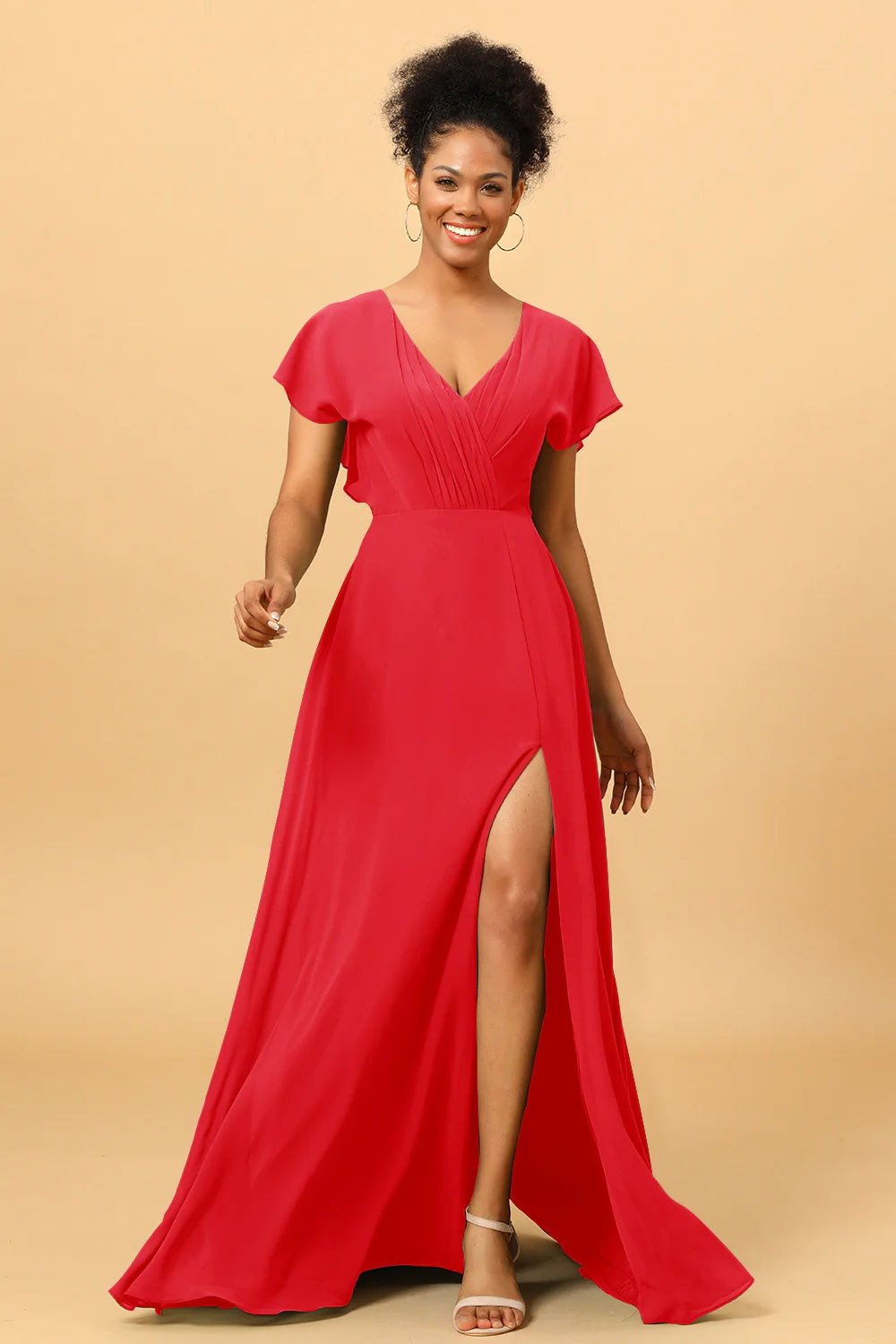 A Line V Neck Ruched Chiffon Bridesmaid Dress with Slit