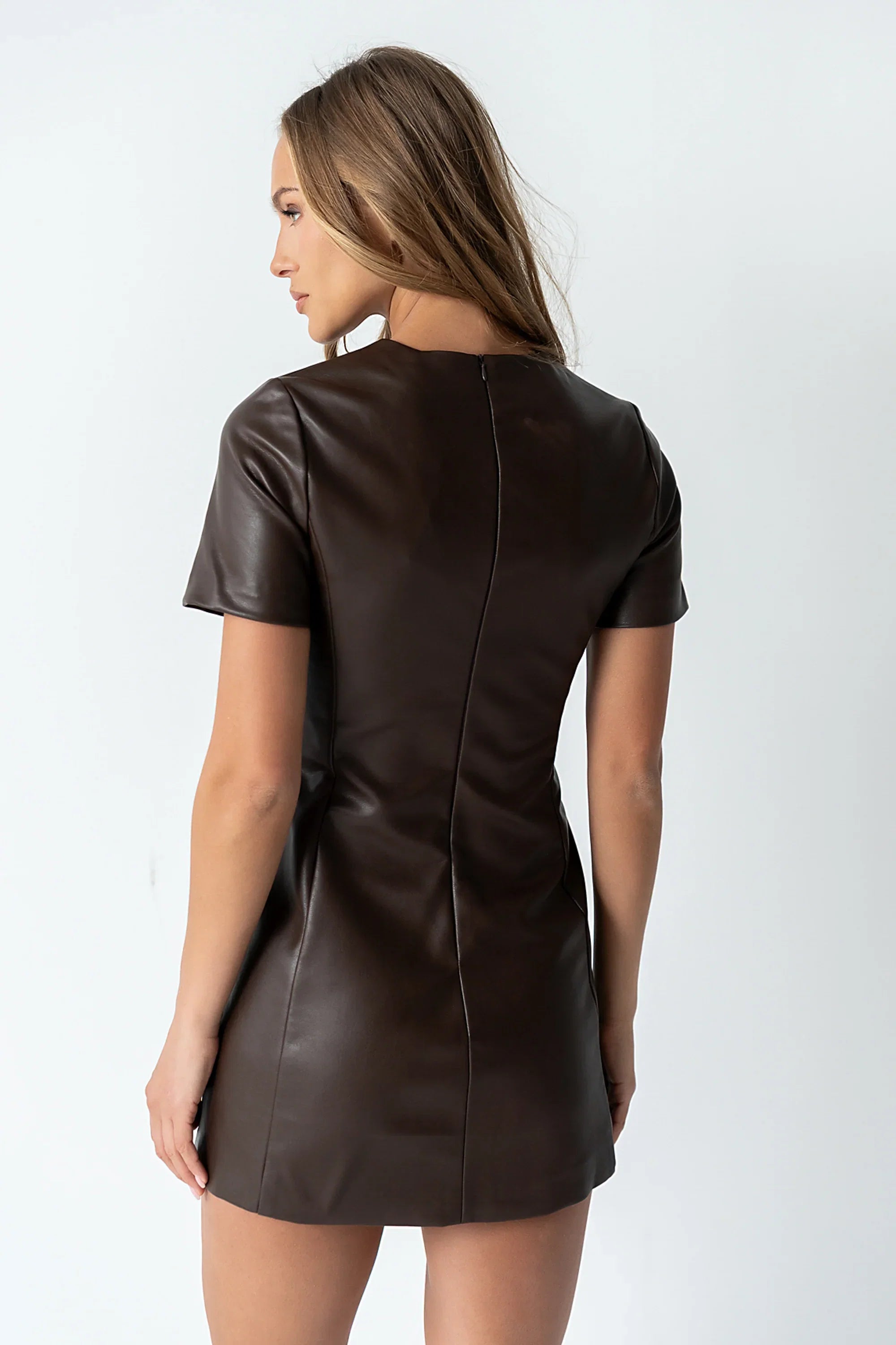 Moxie Vegan Leather Mini Dress in Brown FINAL SALE