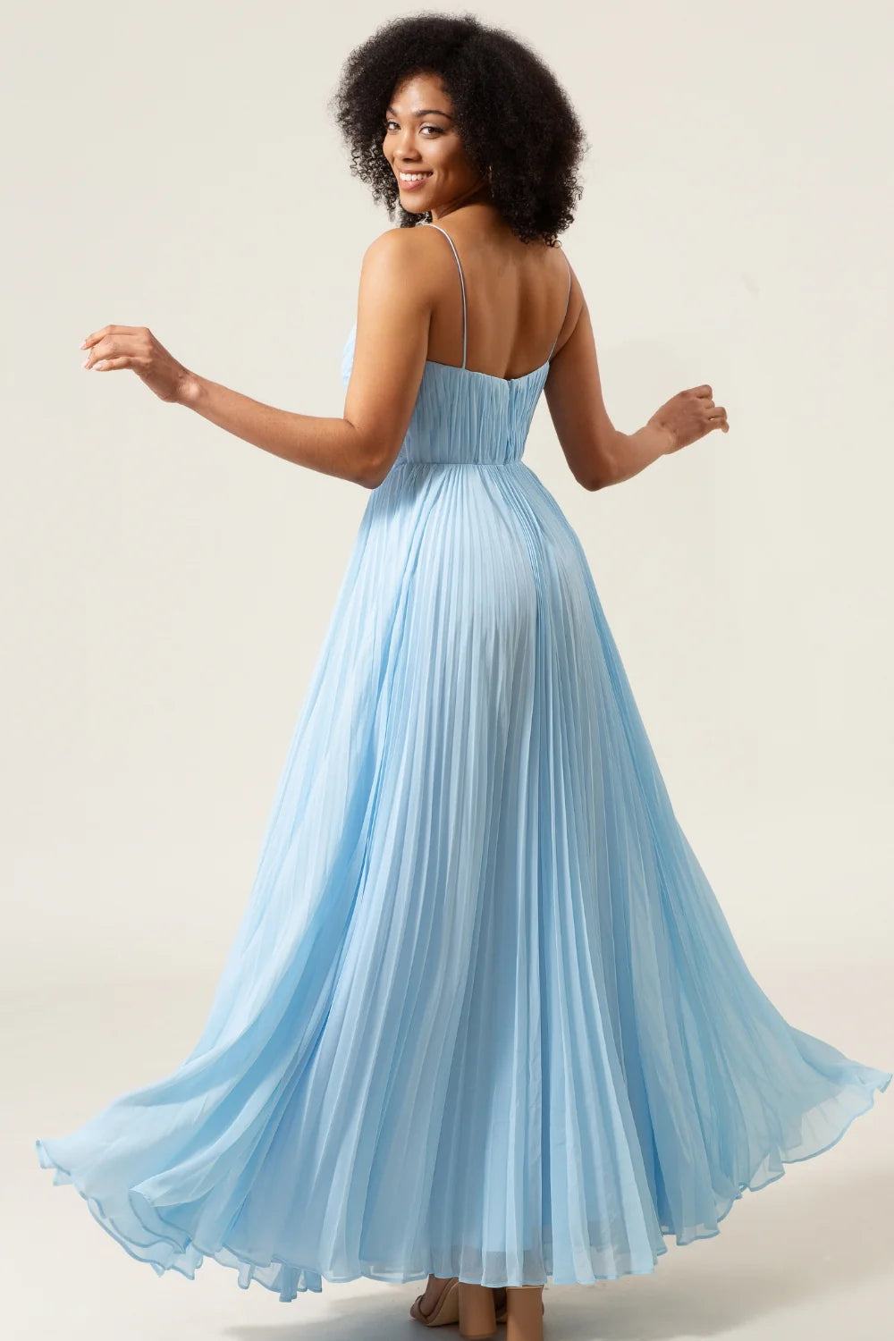 Sky Blue A Line Spaghetti Straps Pleated Chiffon Bridesmaid Dress