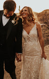 Sexy Mermaid V neck Lace Sleeveless Wedding Dress with Sweep Train Simple Elegant Ethereal Country Garden