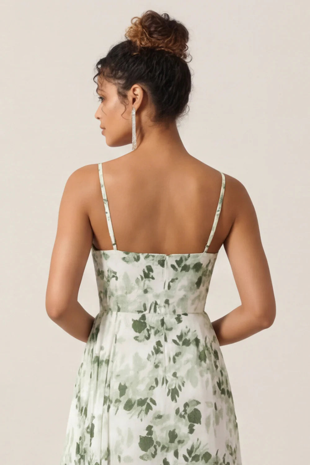 Floral Green Sheath Printed Ruched Long Bridesmaid Dress with Slit