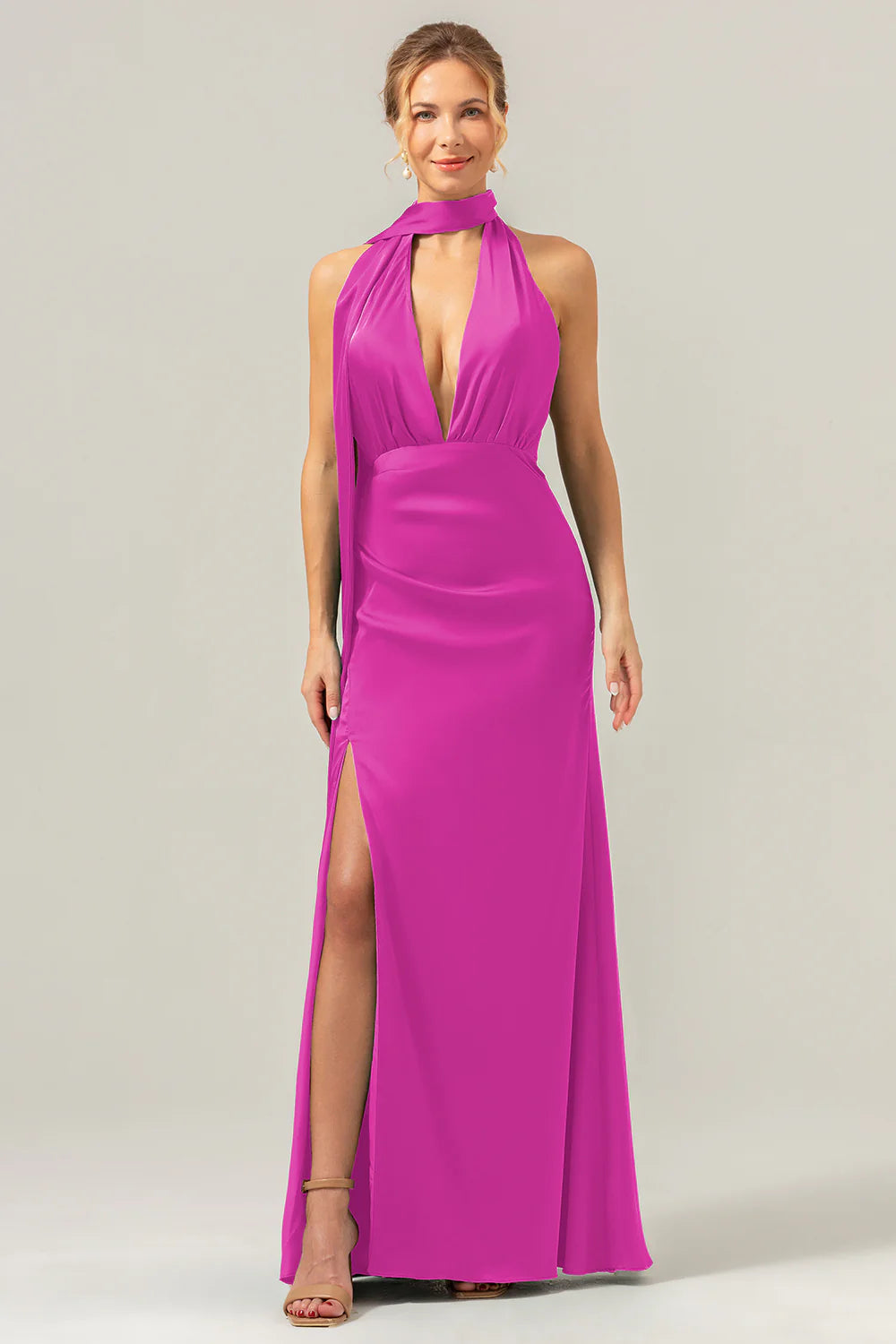 Peacock Sheath Deep V Neck Open Back Convertible Long Satin Bridesmaid Dress with Streamer