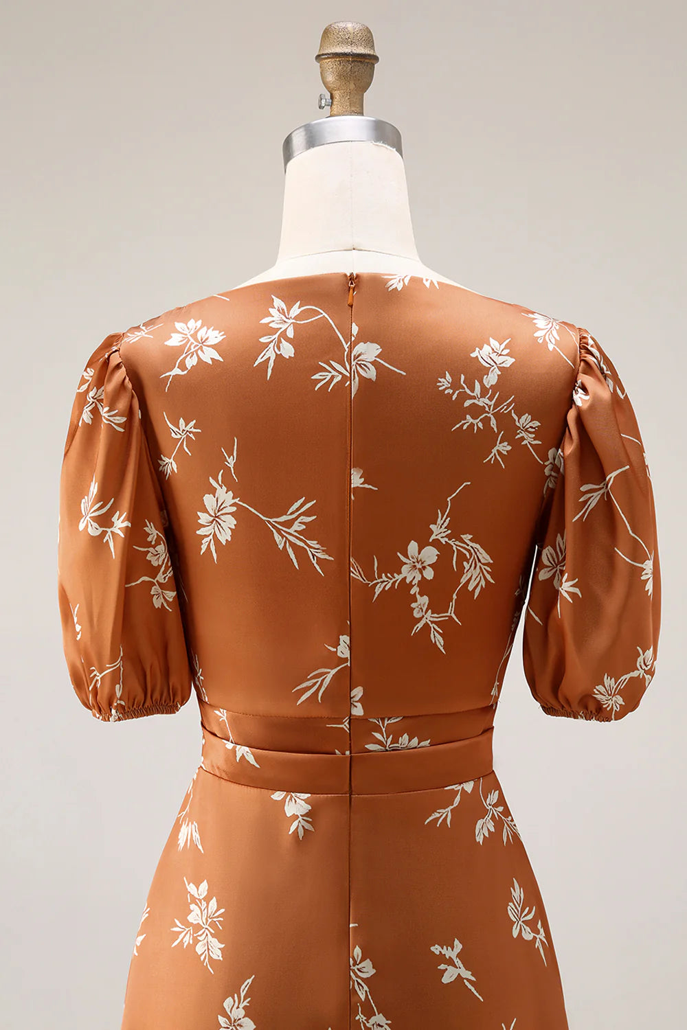 Orange Floral Printed A Line Midi Wedding Guest Dress with Short Sleeves