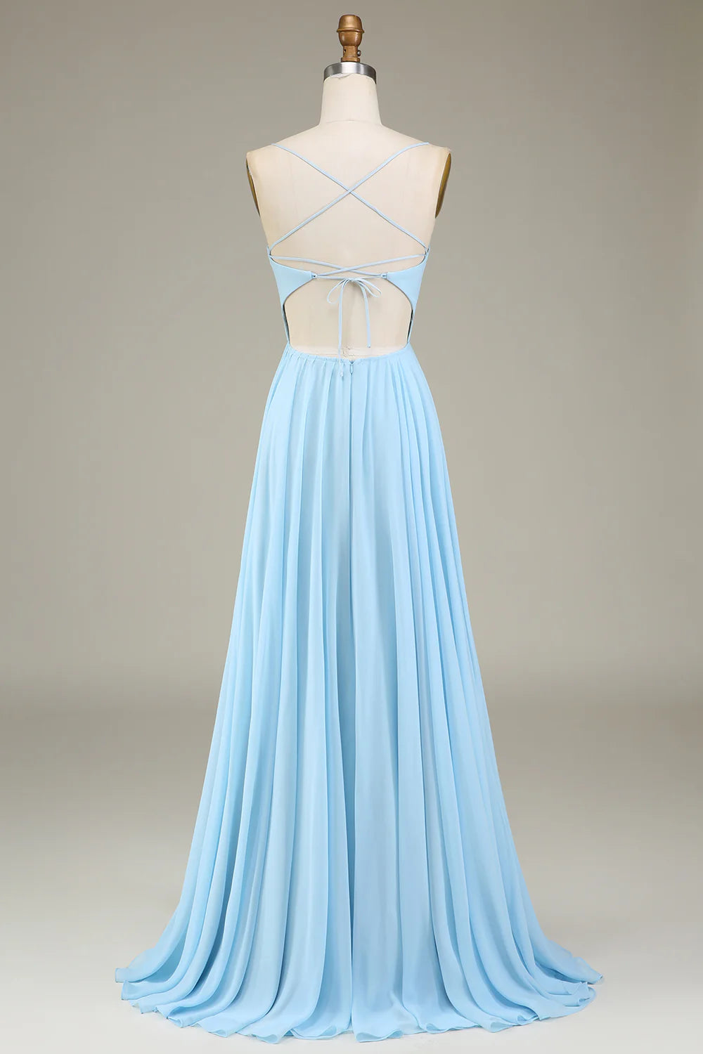 Sky Blue A Line Spaghetti Straps Chiffon Long Bridesmaid Dress