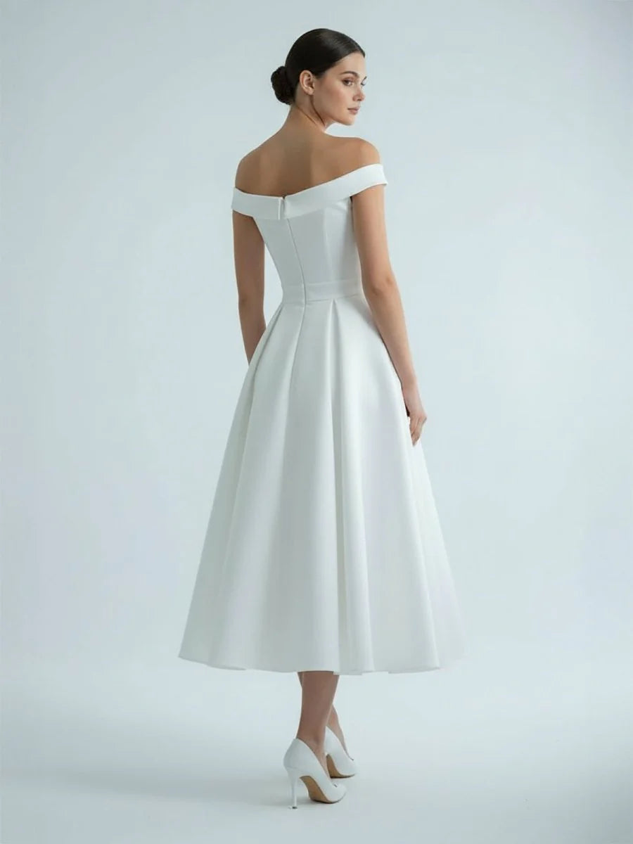 Sleeveless Tea Length Satin Wedding Dress With Sash And Off The Shoulder Neck