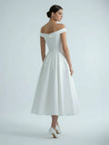 Sleeveless Tea Length Satin Wedding Dress With Sash And Off The Shoulder Neck
