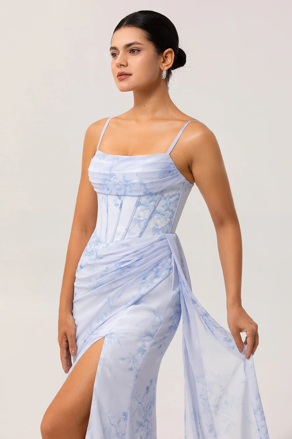Blue Floral Spaghetti Straps Mermaid Streamer Corset Long Plus Size Bridesmaid Dress with Slit