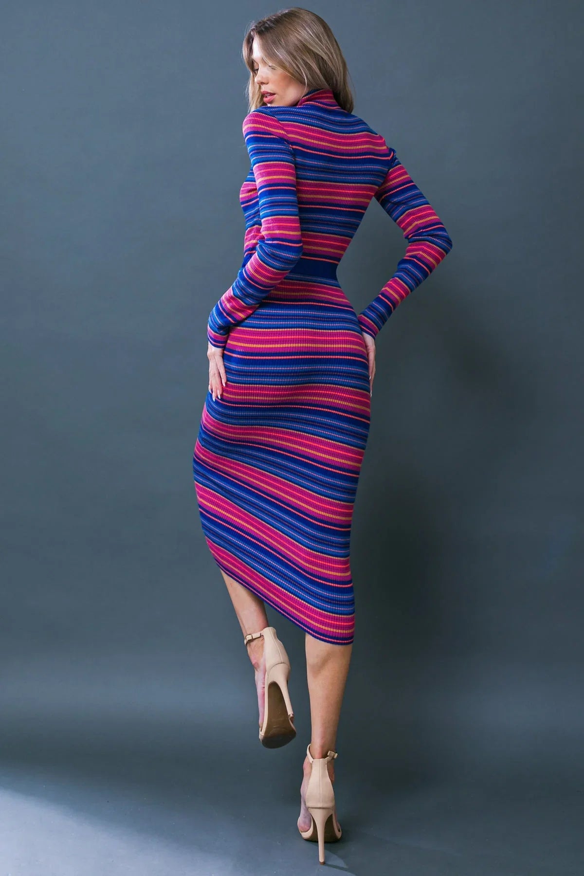 SWEATER WEATHER MIDI DRESS BLUE FUCHSIA STRIPE