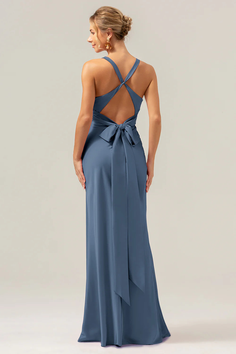 Pink Mermaid Deep V Neck Ruched Long Bridesmaid Dress with Lace Up Back