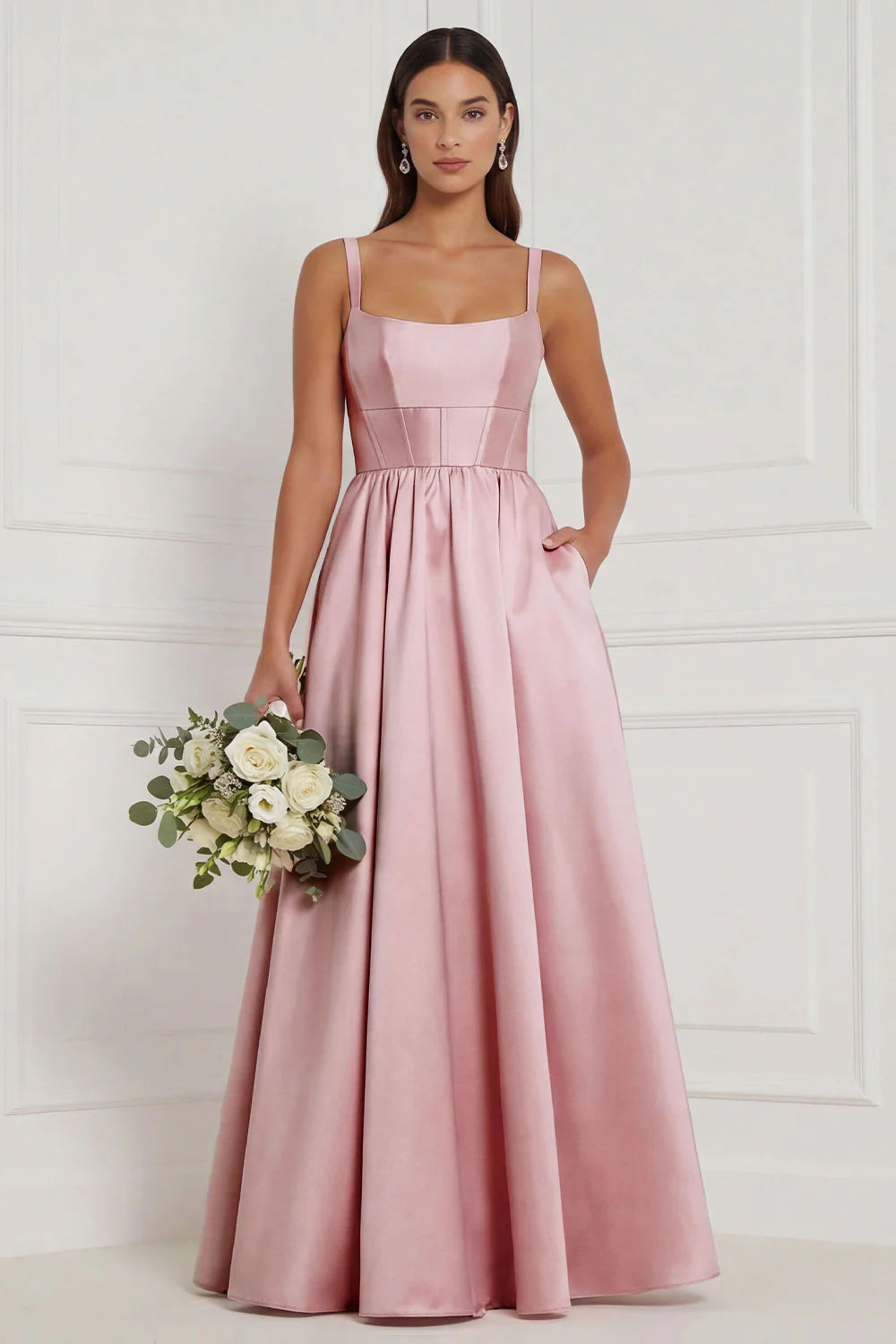 Lilac A Line Corset Satin Square Neck Long Bridesmaid Dress