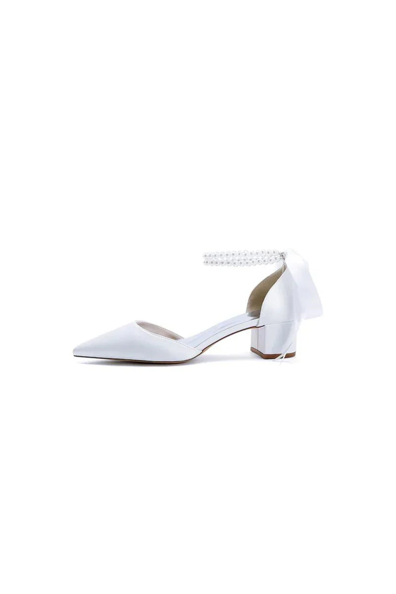 Pointed Toe Double Pearl Ankle Strap Party Shoes With Ribbon Tie