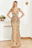 Sparkly Golden Sheath V Neck Long Formal Dress with Beading