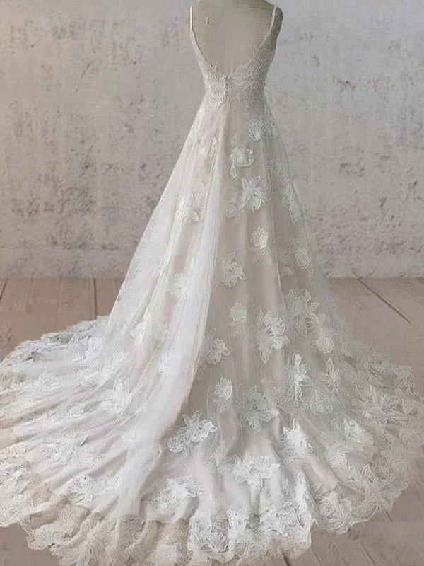Boho White A Line Lace Appliques Wedding Dress