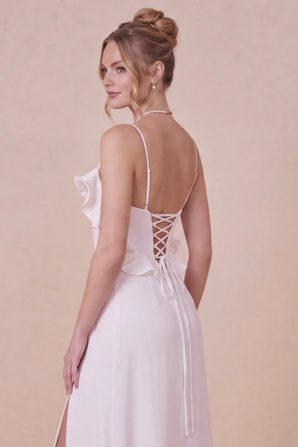 White Spaghetti Straps Ruffle Engagement Dress with Slit