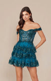 BRENNA MINI DRESS TEAL OFF SHOULDER TIERED SHORT DRESS