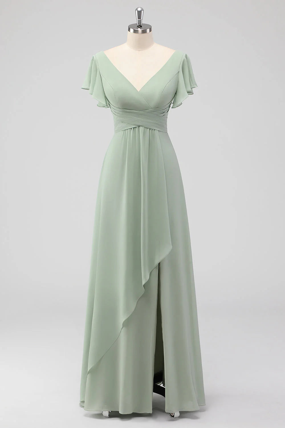 Sage Green A Line V Neck Chiffon Long Bridesmaid Dress with Slit