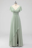 Sage Green A Line V Neck Chiffon Long Bridesmaid Dress with Slit