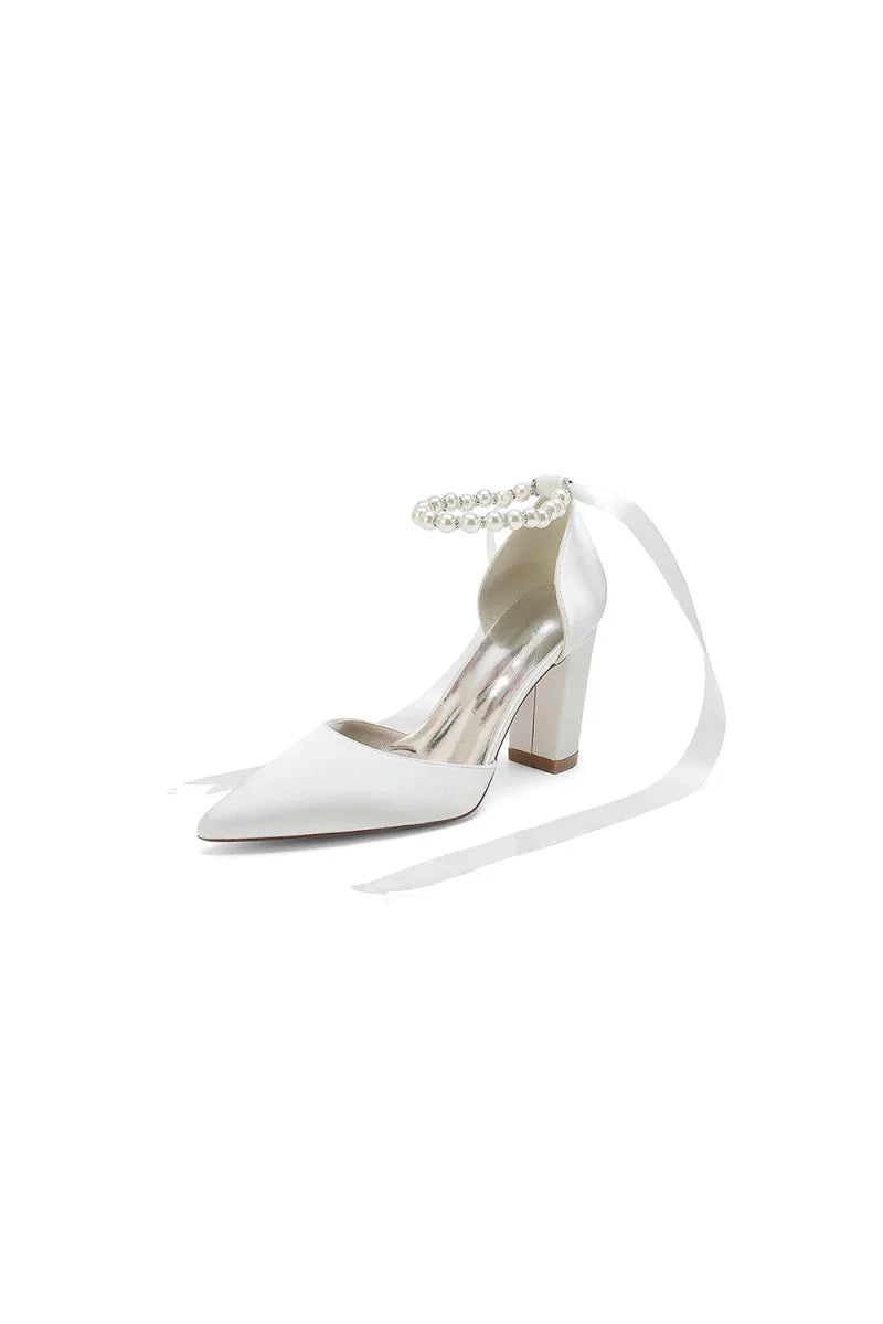 Pearl Ribbon Pointed Toe Ankle Strap Chunky Heel